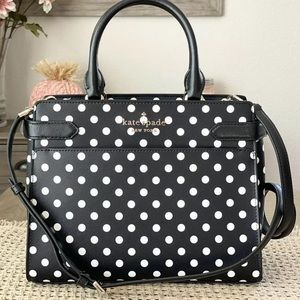 Kate Spade Staci Medium Top Zip Satchel Crossbody Black White Polka Dots